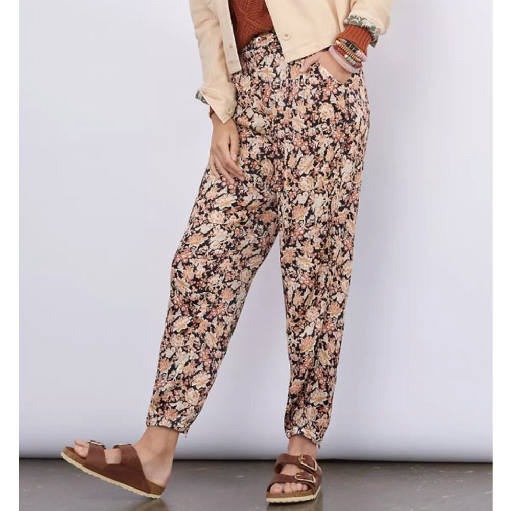 Anthropologie Diandra Pleated Joggers Pants 4 Floral Cream Black Satin Pockets